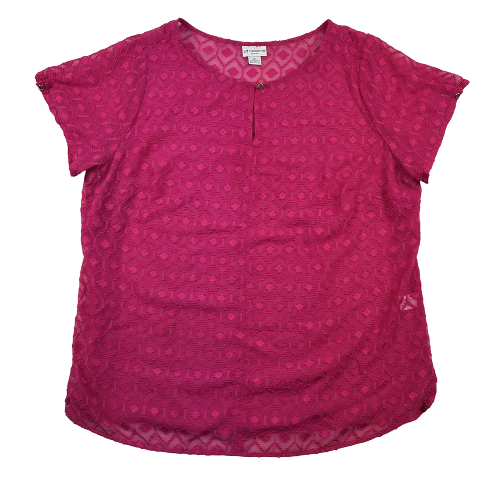 Liz Claiborne Shirt Womens 1X Pink Sheer Textured Short Sleeve Blouse